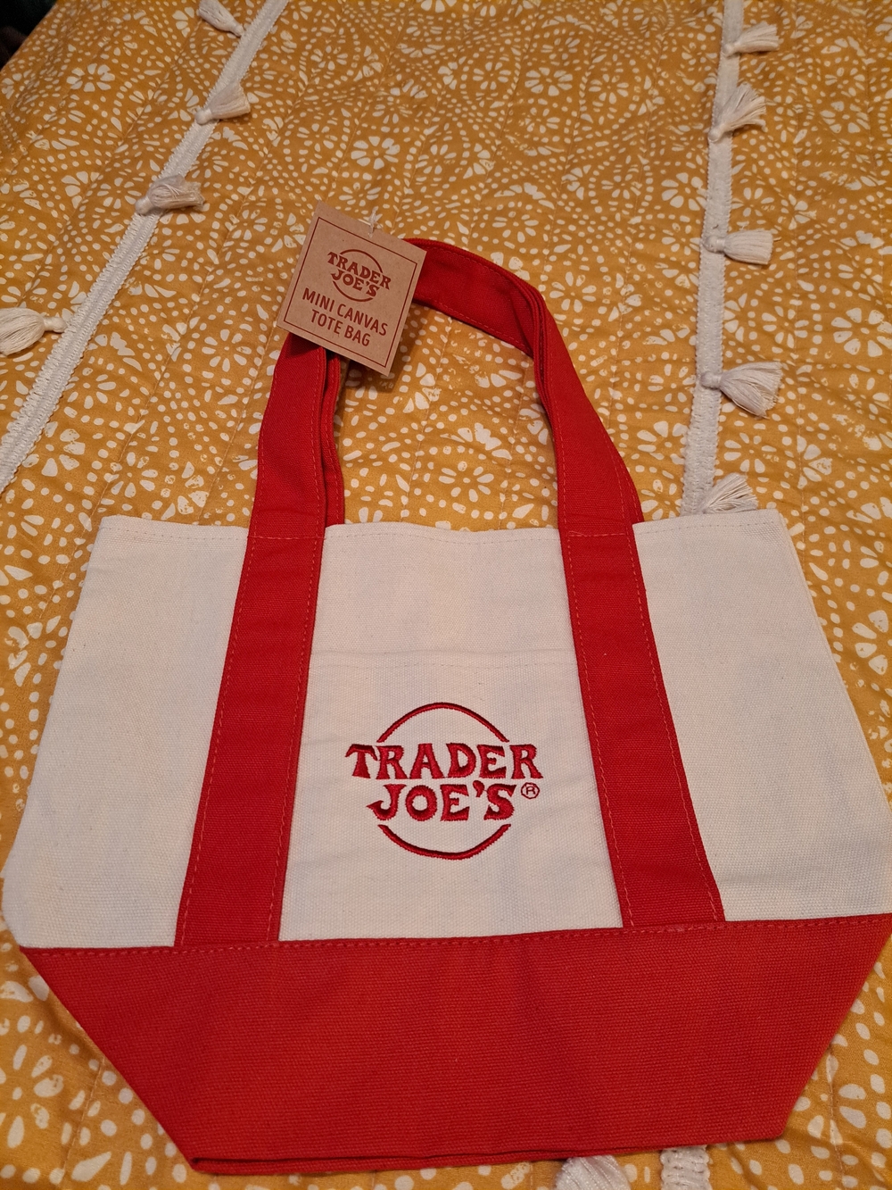 TRADER JOE'S New w/tags Red & Cream Mini Canvas Tote Bag